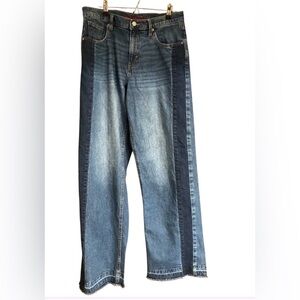 Women’s Blue Jeans High Rise, Wide Leg with Dark Blue Denim Strip
